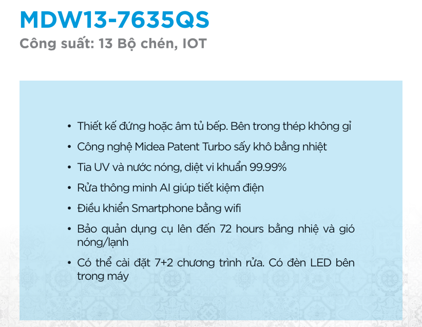 chức năng máy sấy bát MDW13-7635QS