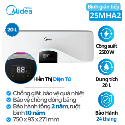 Bình tắm nước nóng gián tiếp Midea MWH20-25EHA2, 20 Lít