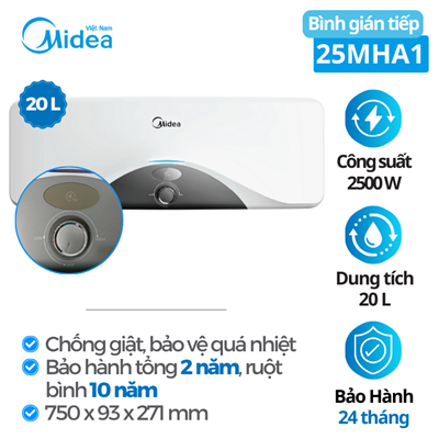 Bình tắm nước nóng gián tiếp Midea MWH20-25MHA1, 20 Lít