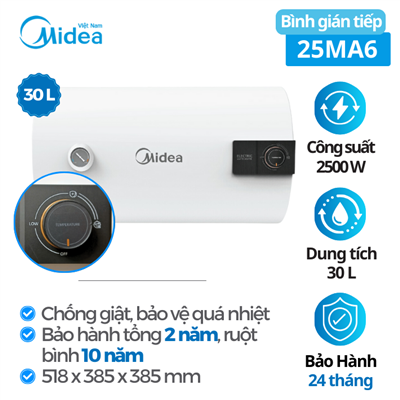 Bình tắm nước nóng gián tiếp Midea MWH30-25MA6, 30 Lít