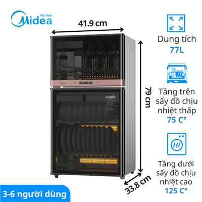 Máy sấy chén bát Midea MXV-ZLP80XC65-R, 77L, 3-6 người dùng